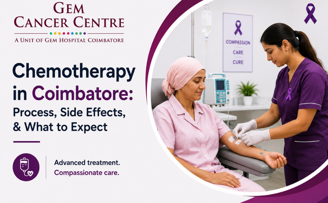 Patient receiving chemotherapy treatment at cancer hospital in Coimbatore